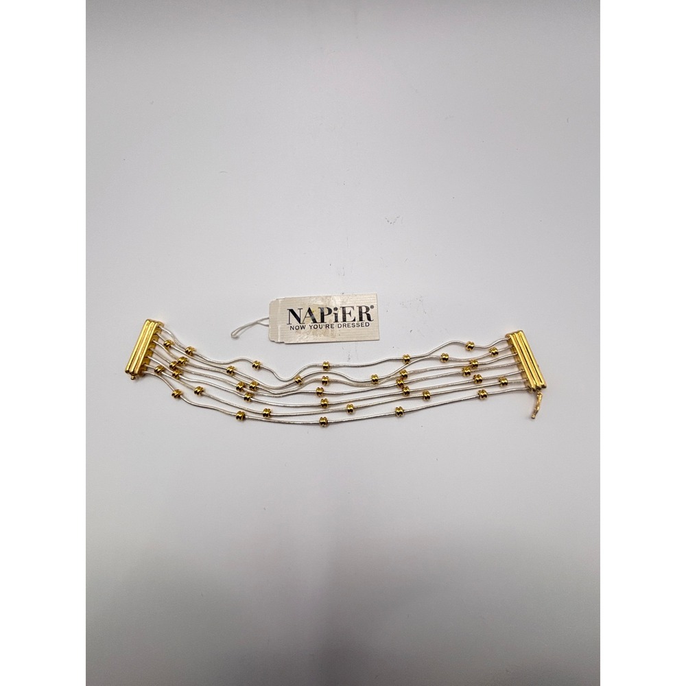 Napier Multi Strand Silver Gold Tone Beaded Bracelet Mixed Metal Bar Clasp